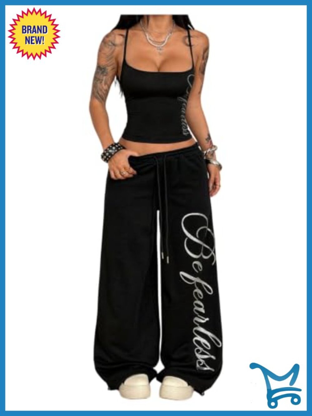 2 Piece Outfit Set Cami Top Wide Leg Pants Drawstring Elastic Waist Sleeveless